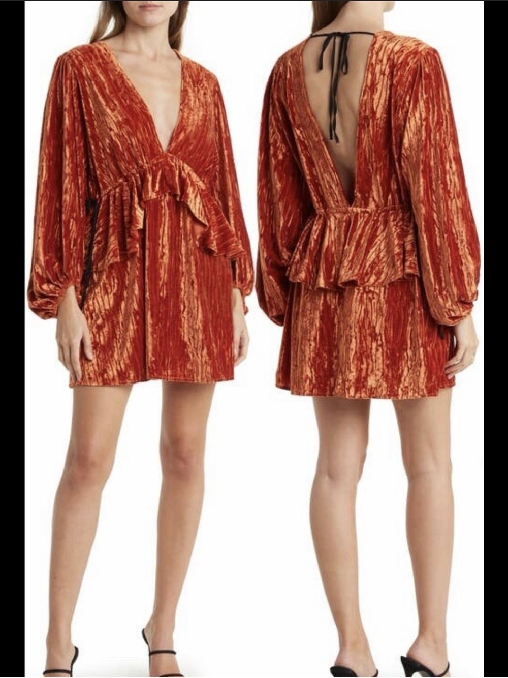 Topshop Terracotta Balloon Sleeve Velvet Mini Dress Size 12